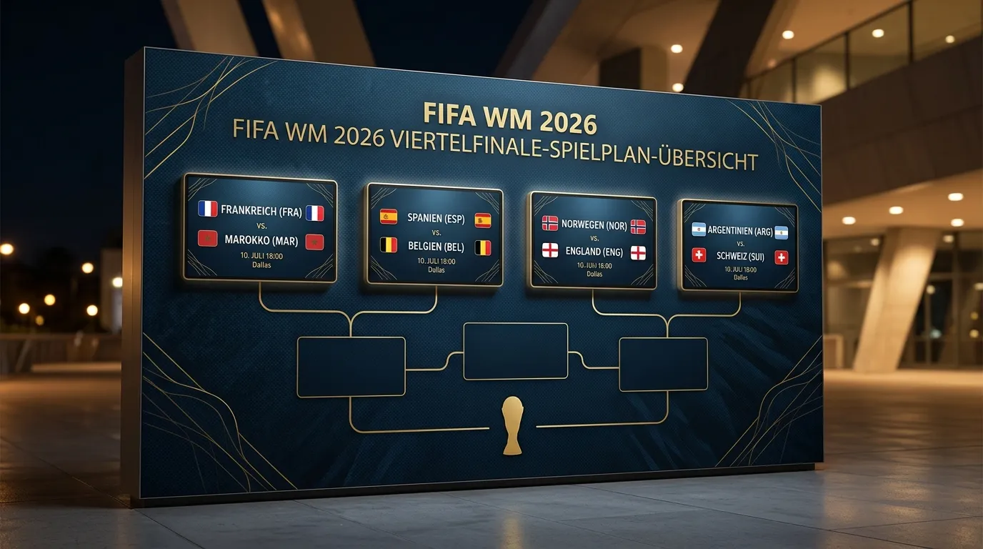 Viertelfinal-Banner der WM 2026 mit vier Paarungen als Tableau, Fussball-Akzent, Stadion-Lichter