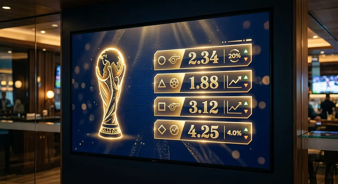 Quotentafel-Symbolbild mit vier verbliebenen Nationen vor dunkelblauem Hintergrund und WM-Pokal, goldene Ziffern angedeutet