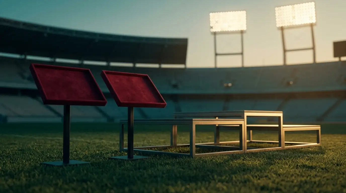 Leere Medaillenschalen und ein Podest auf einem Rasen bei Abendlicht, Stadionränge unscharf im Hintergrund