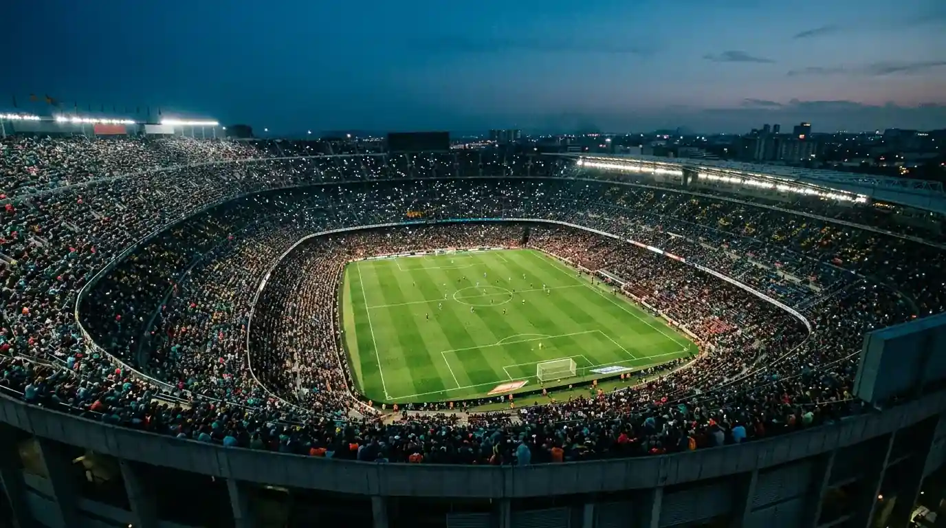 Weite Luftaufnahme eines vollbesetzten offenen Fussballstadions bei Abendlicht mit angestrahltem Rasen