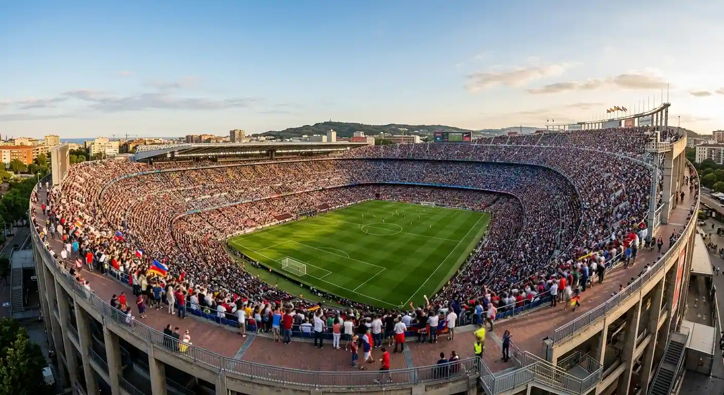 Offenes Grossstadion ohne Dach bei sonnigem Sommerwetter, gepflegter Rasen, gefüllte Ränge vor dem Final