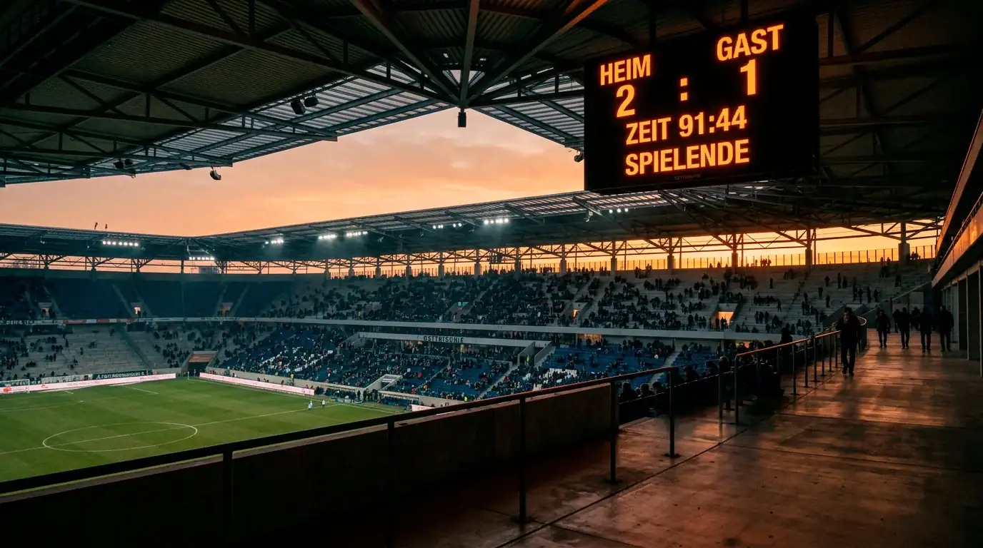 Stadiontribüne mit Anzeigetafel im Sonnenuntergang, Endphase eines WM-Spiels