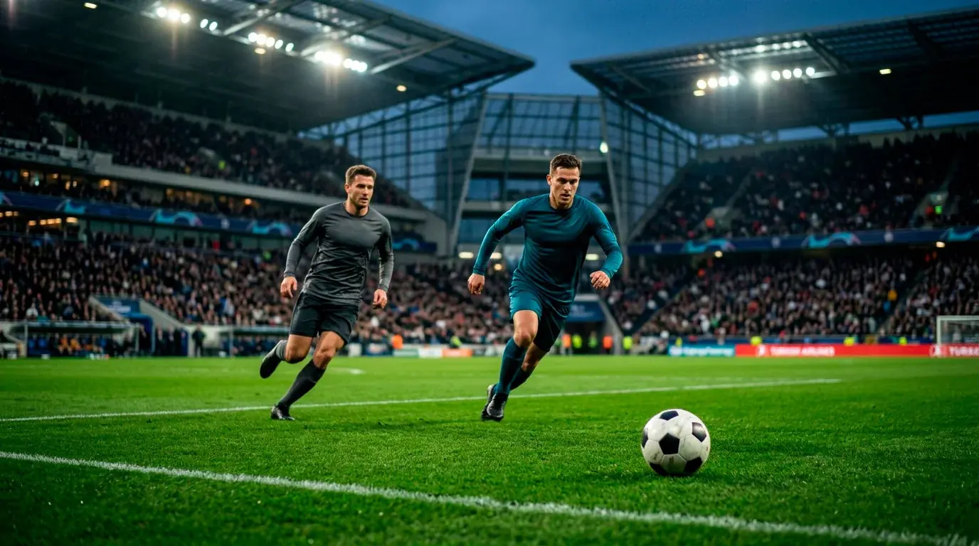 Spielszene auf gepflegtem Rasen mit Stadion-Atmosphäre und Flutlicht in einem Vorrundenspiel