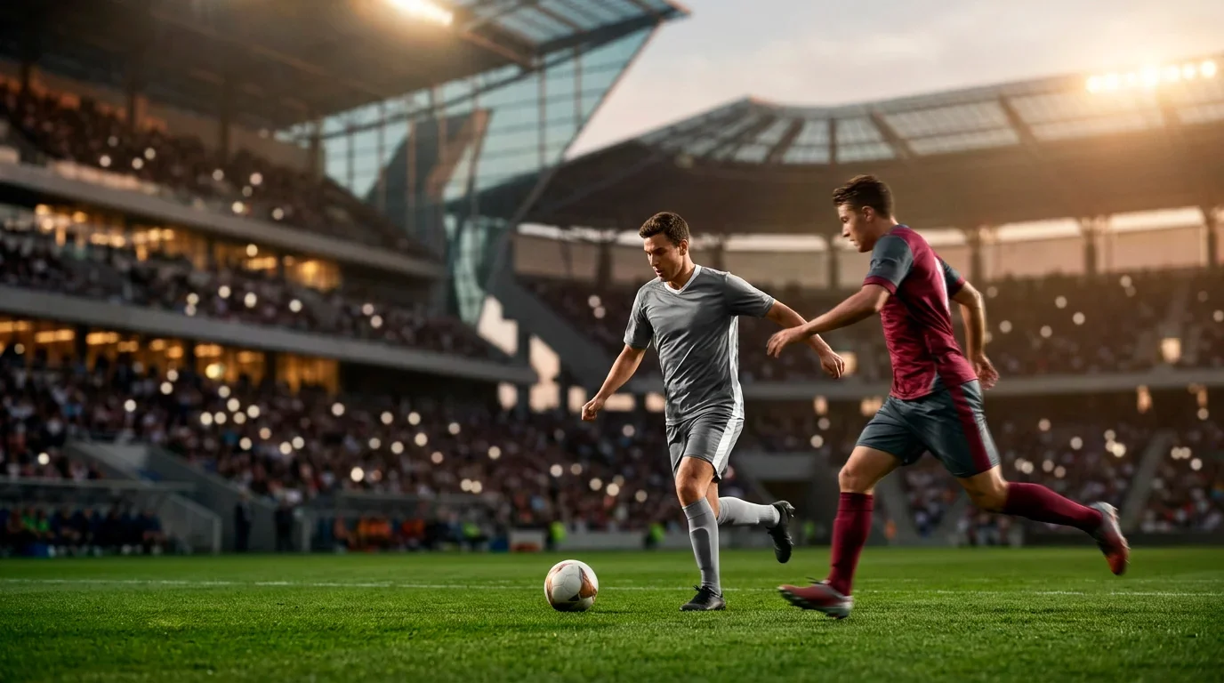 Spielszene auf gepflegtem Rasen mit Stadion-Atmosphäre und Flutlicht in einem Vorrundenspiel