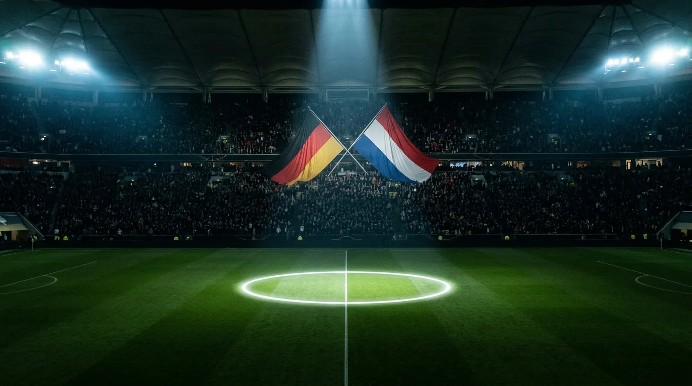 Stilisiertes Stadion-Innere mit Flutlicht und Elfmeterpunkt-Strahler in K.-o.-Atmosphäre