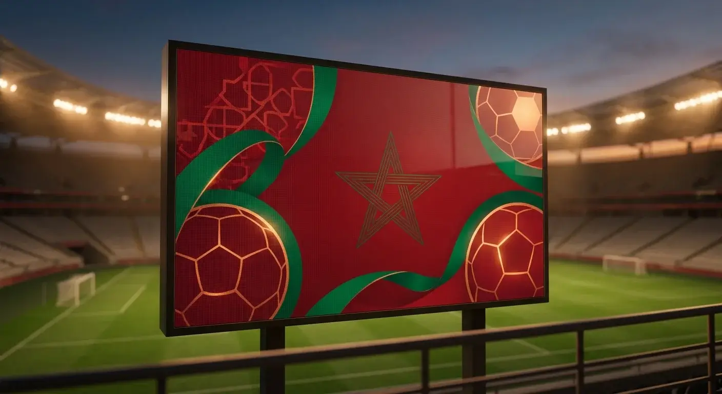 Marokkanische Nationalfarben und ein Fussball-Motiv vor abendlicher Stadionkulisse als Rückblick-Symbol
