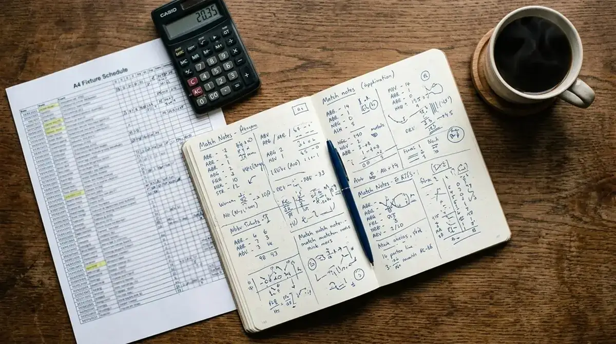 Redaktioneller Schreibtisch mit Notizblock, Spielplan und Taschenrechner zur Quoten-Analyse
