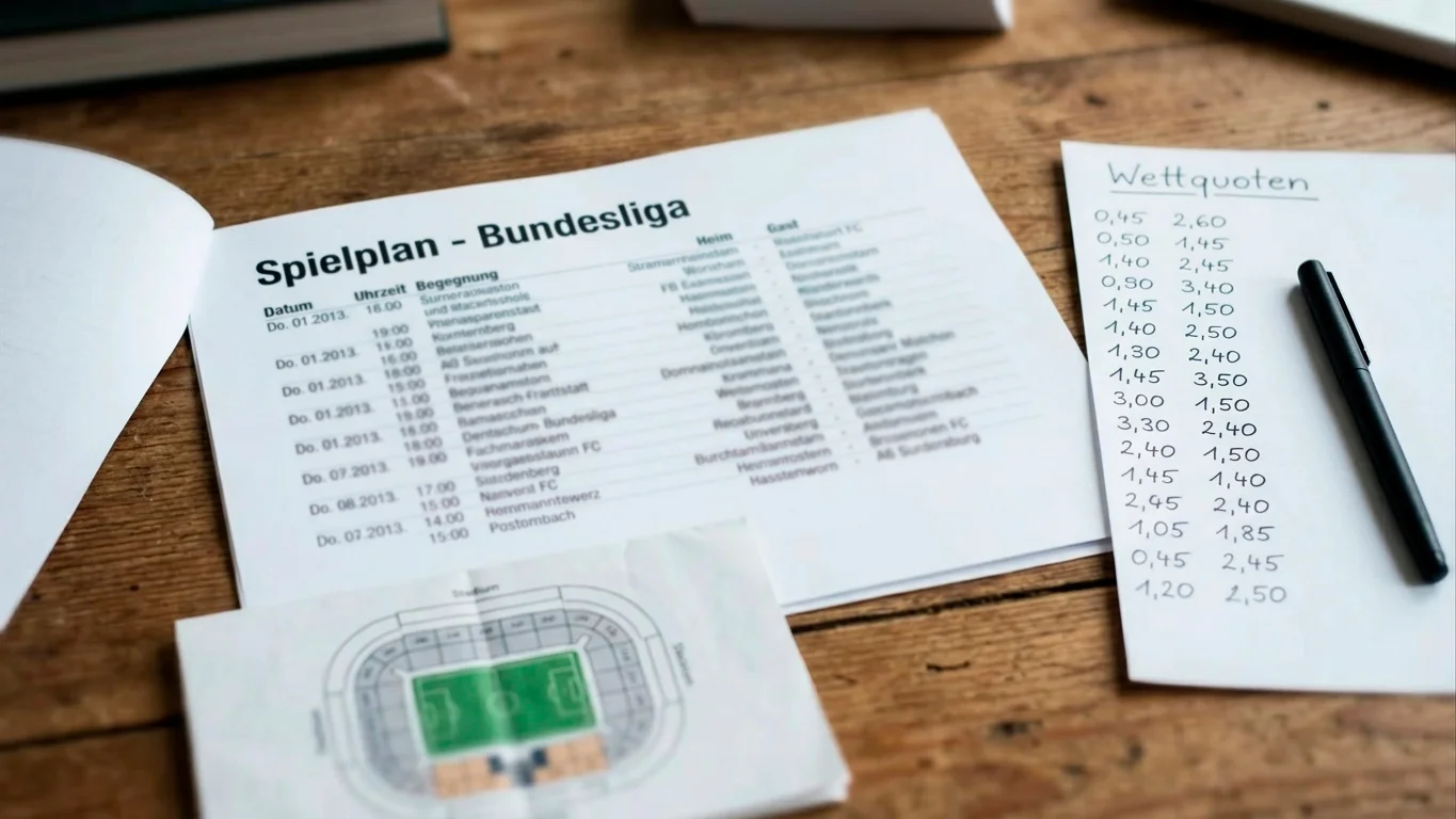 Spielplan mit Quotenliste und Stadion-Karte auf einem Redaktionstisch zur WM-Vorschau